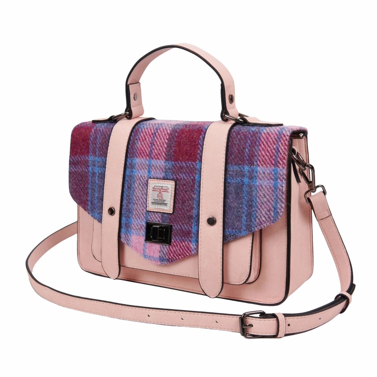 Islander Harris Tweed Large Satchel 'Pink and Blue Tartan'