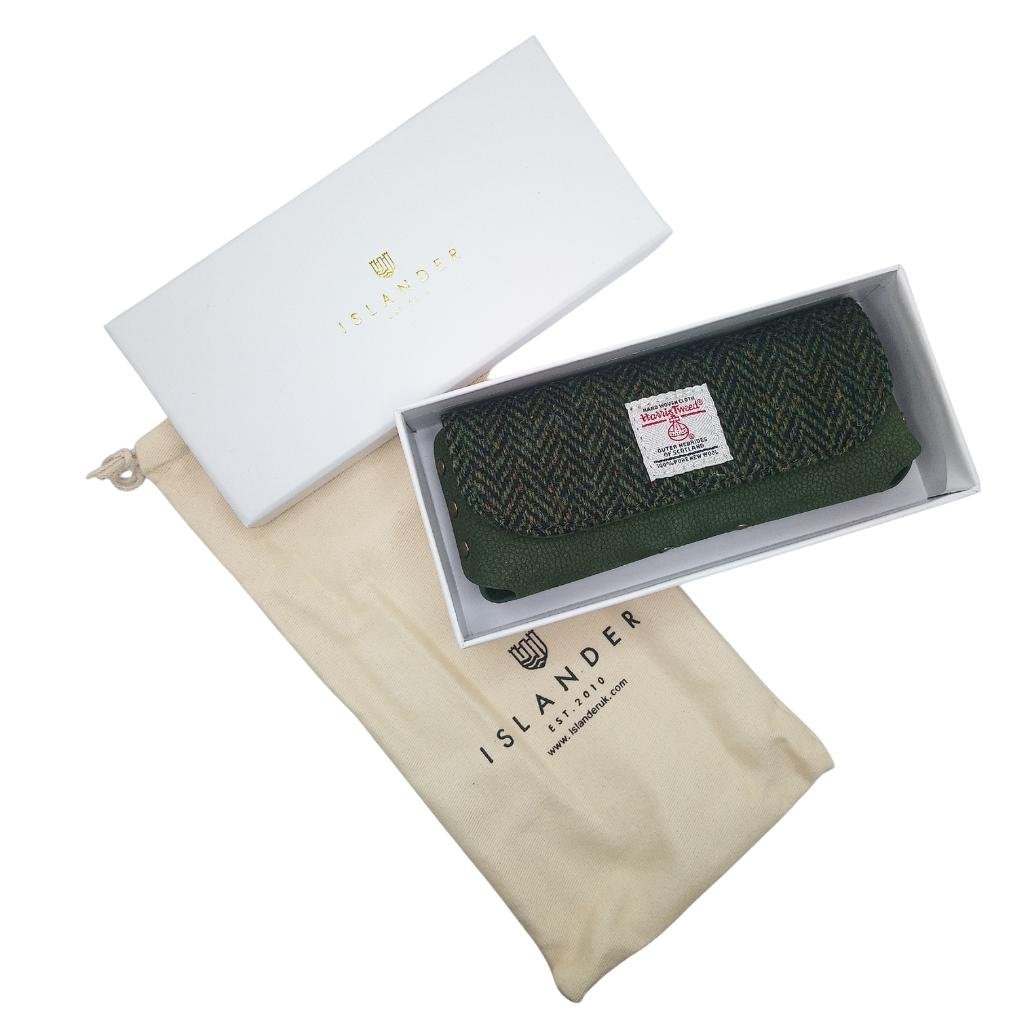 Islander Harris Tweed Leather Glasses Case 'Dark Green Herringbone'