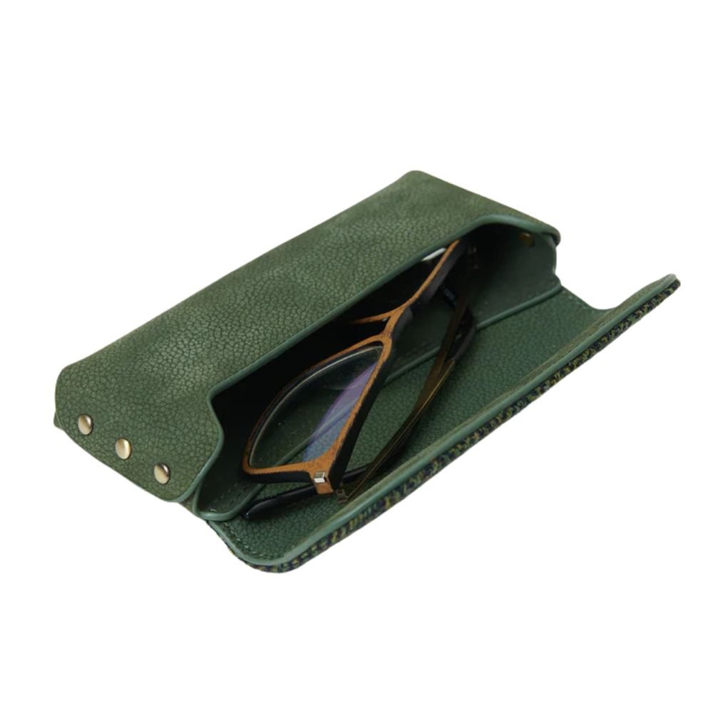 Islander Harris Tweed Leather Glasses Case 'Dark Green Herringbone'