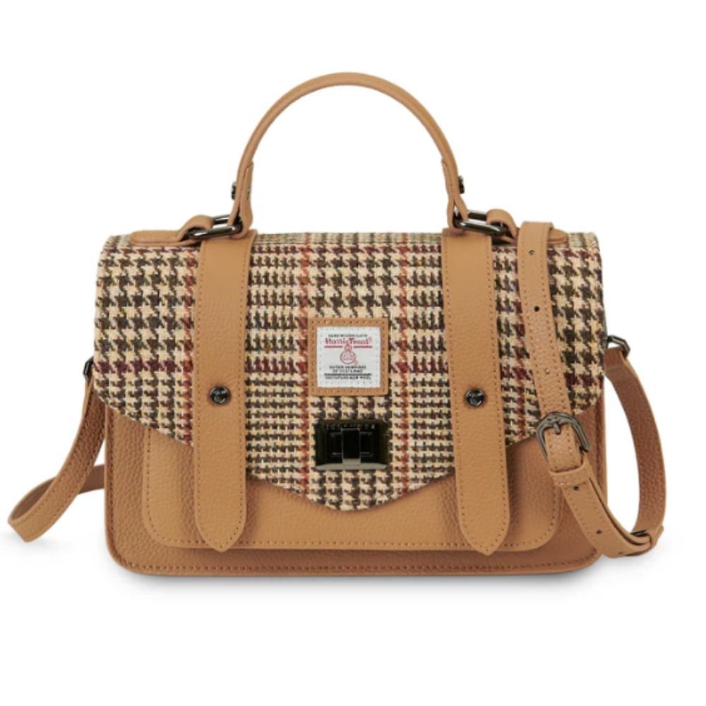 Islander Harris Tweed Leather Medium Satchel 'Beige Dogtooth' - The Celtic Gift Store - Handbags