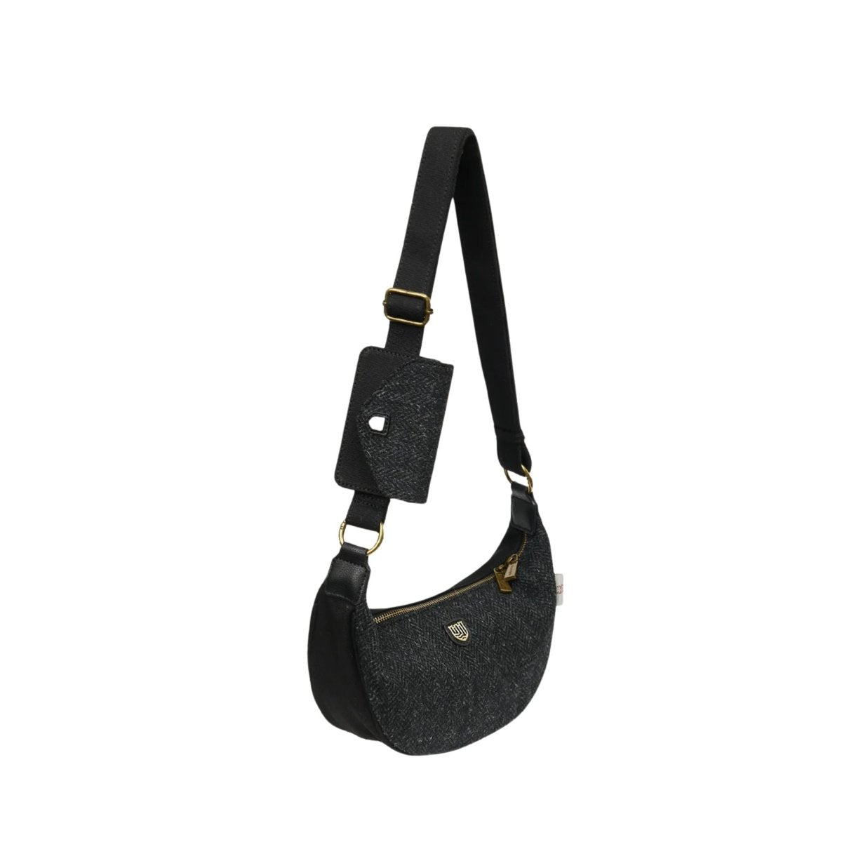 Black denim shoulder bag with a strap on a white background