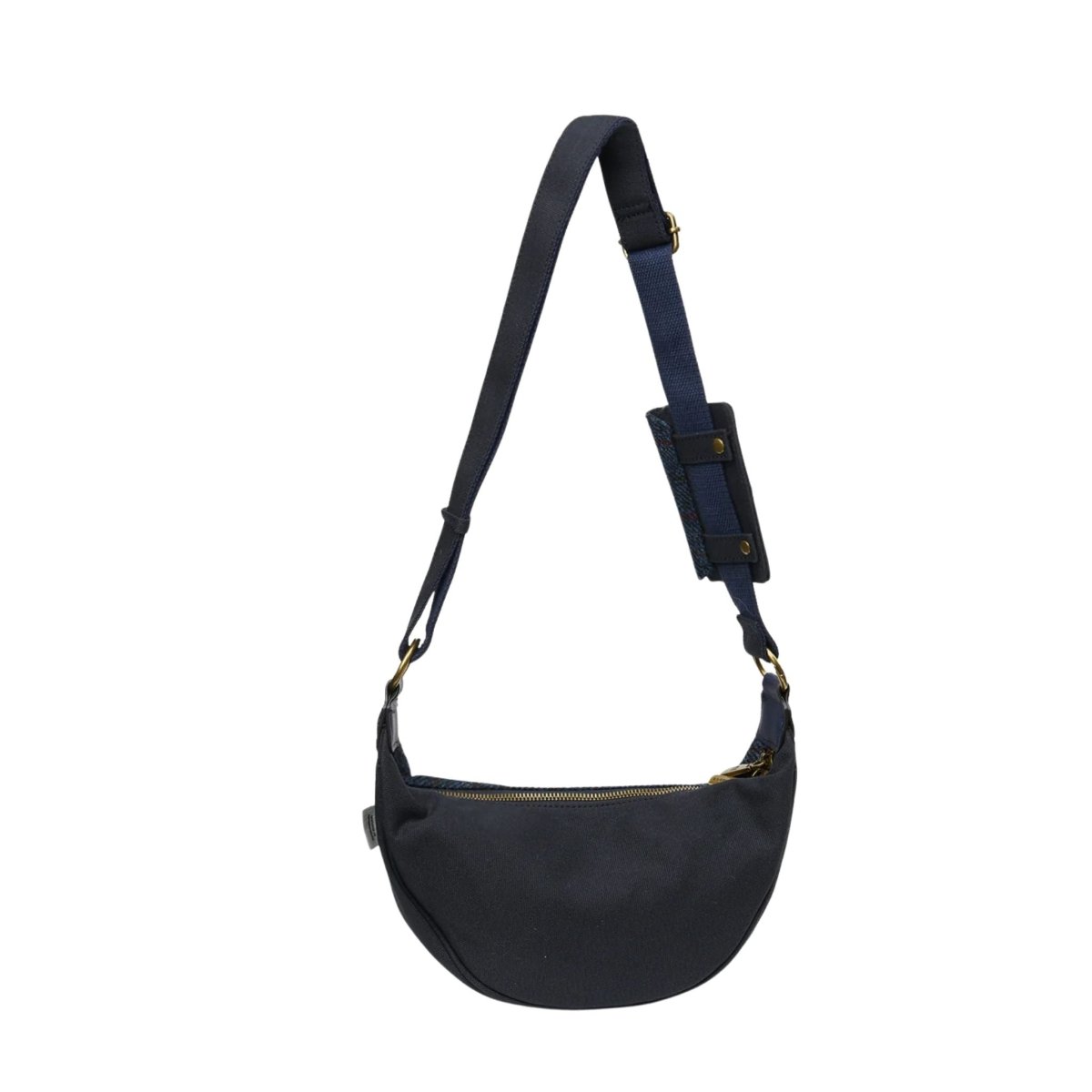 Black crossbody bag with a strap on a white background