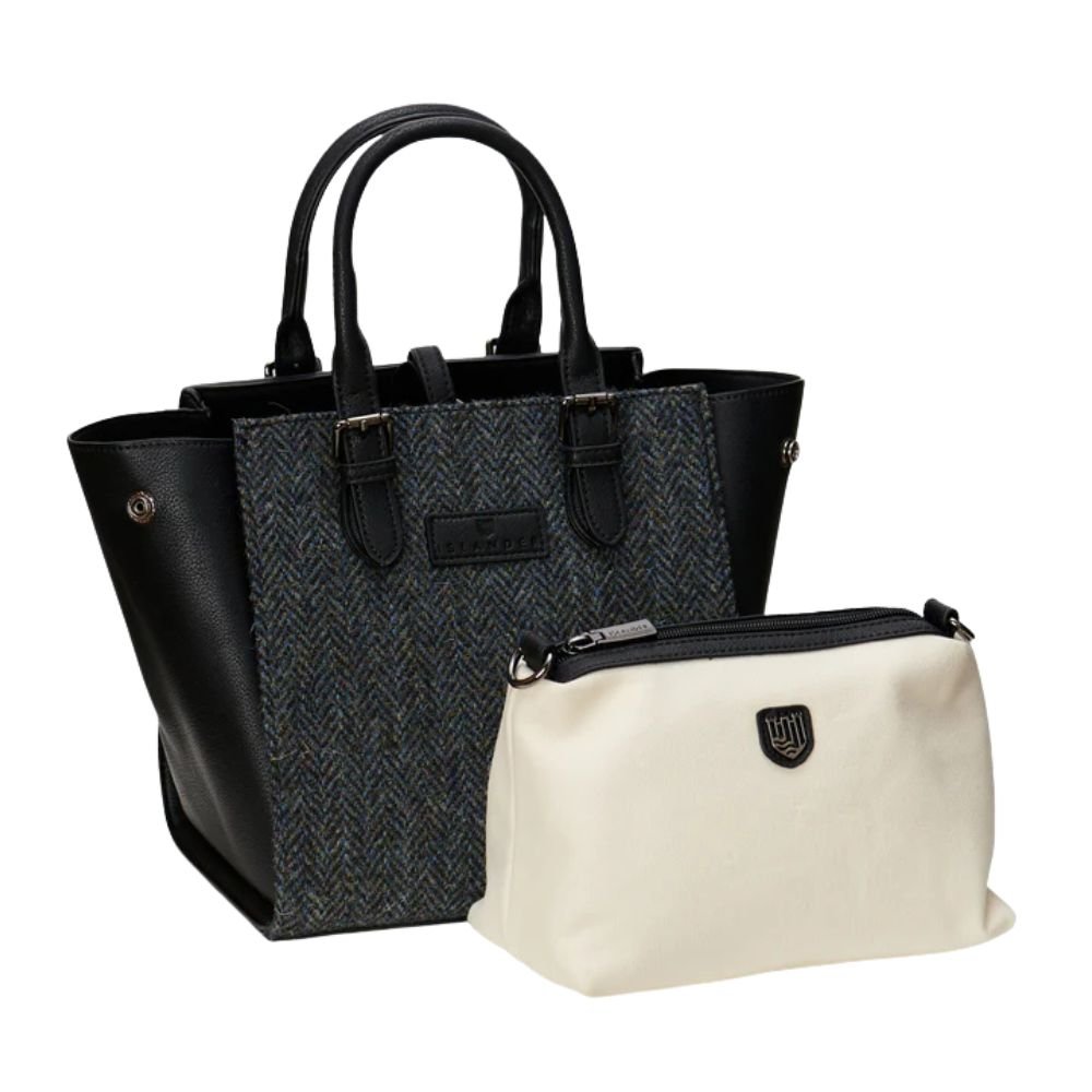 Islander Harris Tweed Medium Caillie Tote 'Black and Grey Herringbone'