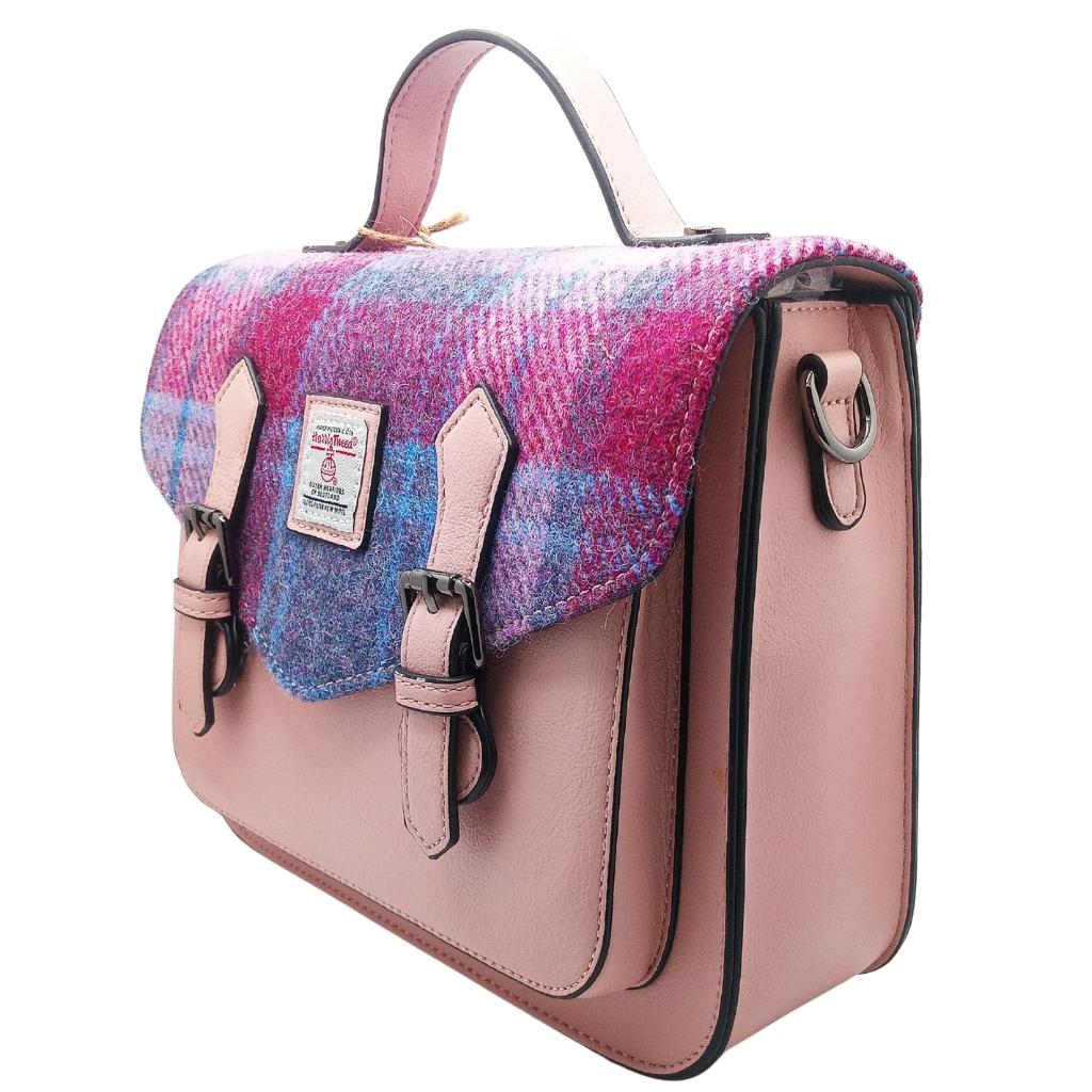 Islander Harris Tweed Medium Calton Satchel 'Pink and Blue Tartan'