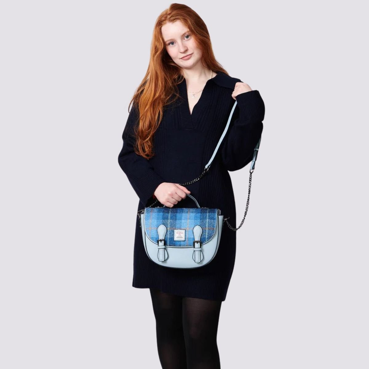 Islander Harris Tweed Medium Cobble Satchel 'Blue Tartan'