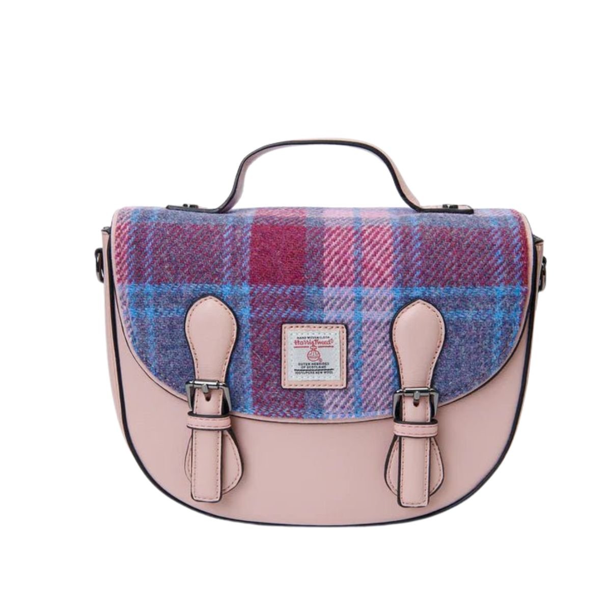 Islander Harris Tweed Medium Cobble Satchel 'Pink and Blue Tartan'