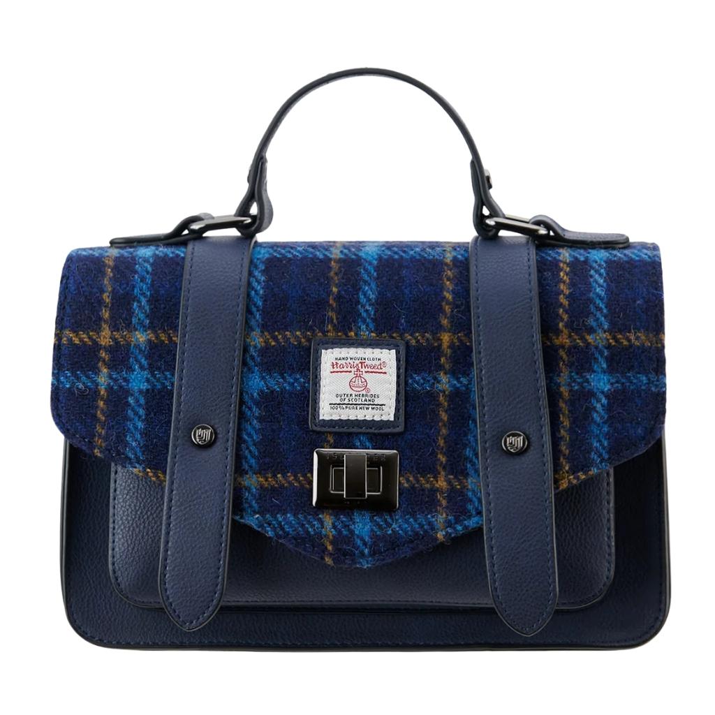 Islander Harris Tweed Medium Satchel 'Navy Tartan'