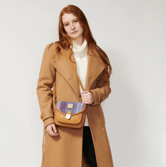 Islander Harris Tweed Mini Saddle Bag 'Chestnut and Blue Tartan' - The Celtic Gift Store - Handbags