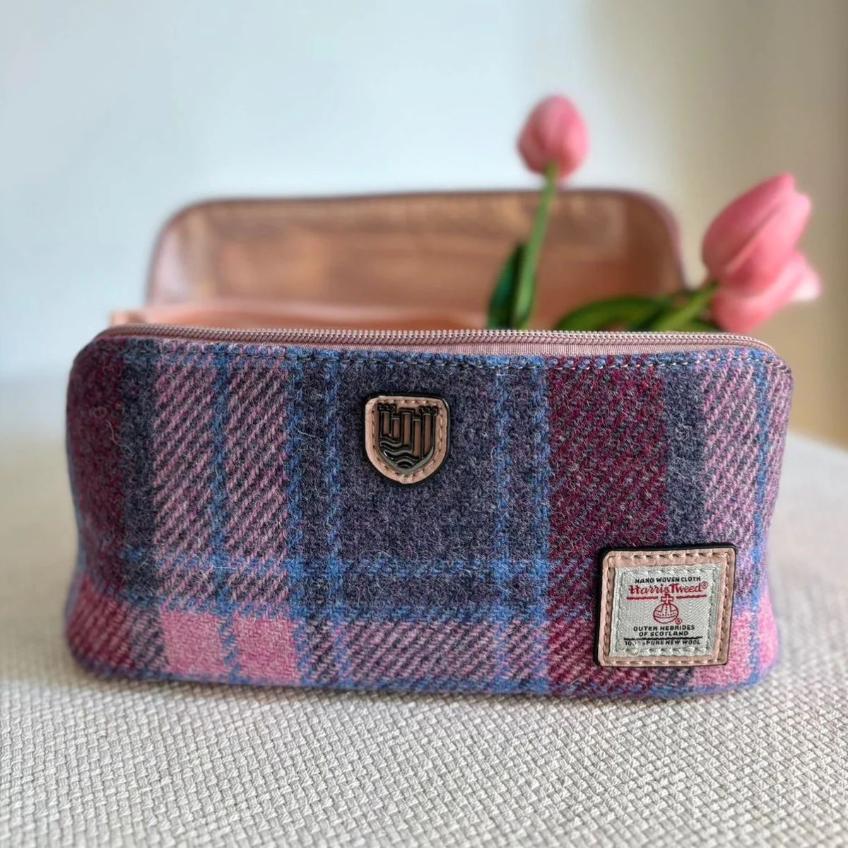 Islander Harris Tweed Toiletry Bag 'Pink and Blue Tartan'