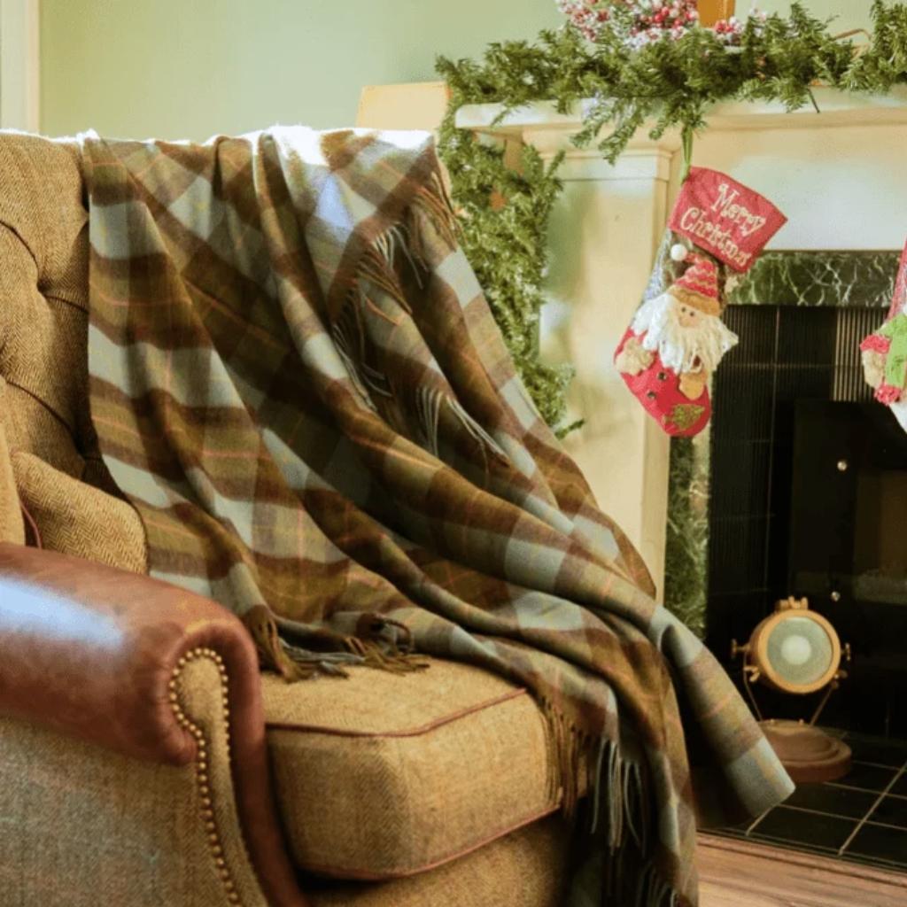 Islander Oversized Lambswool Blanket - Chestnut and Blue Tartan by Islander - Blankets and Bedding