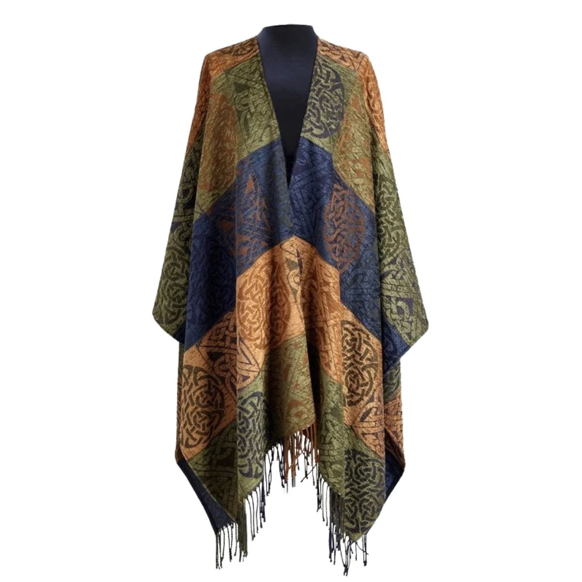 Jacquard Celtic Knot Ruana Shawl - Blue/Green/Brown