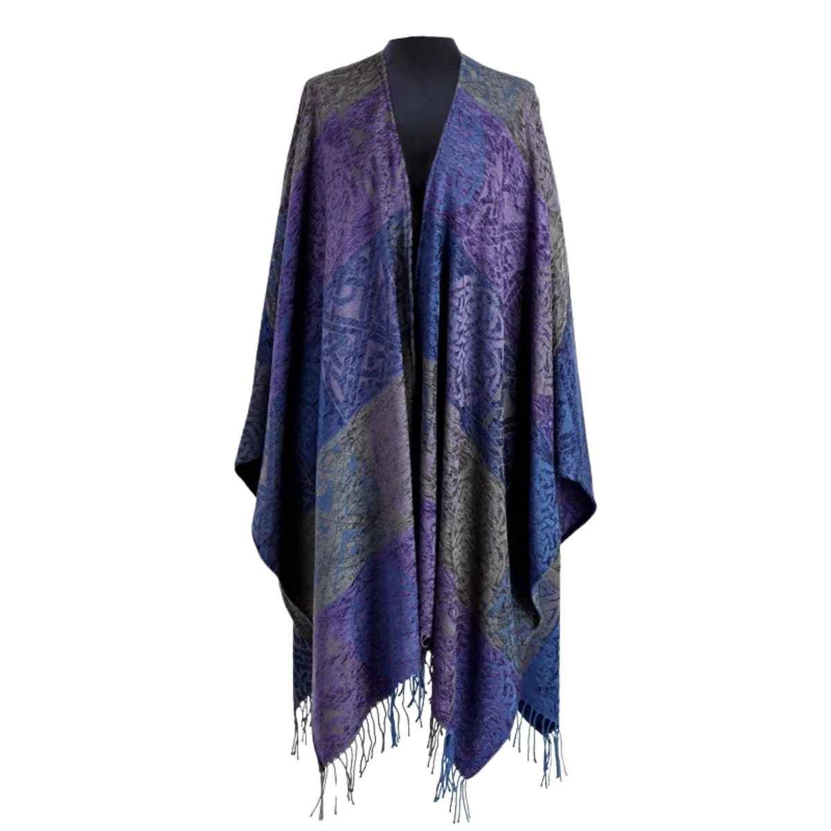 Jacquard Celtic Knot Ruana Shawl - Blue/Purple/Grey