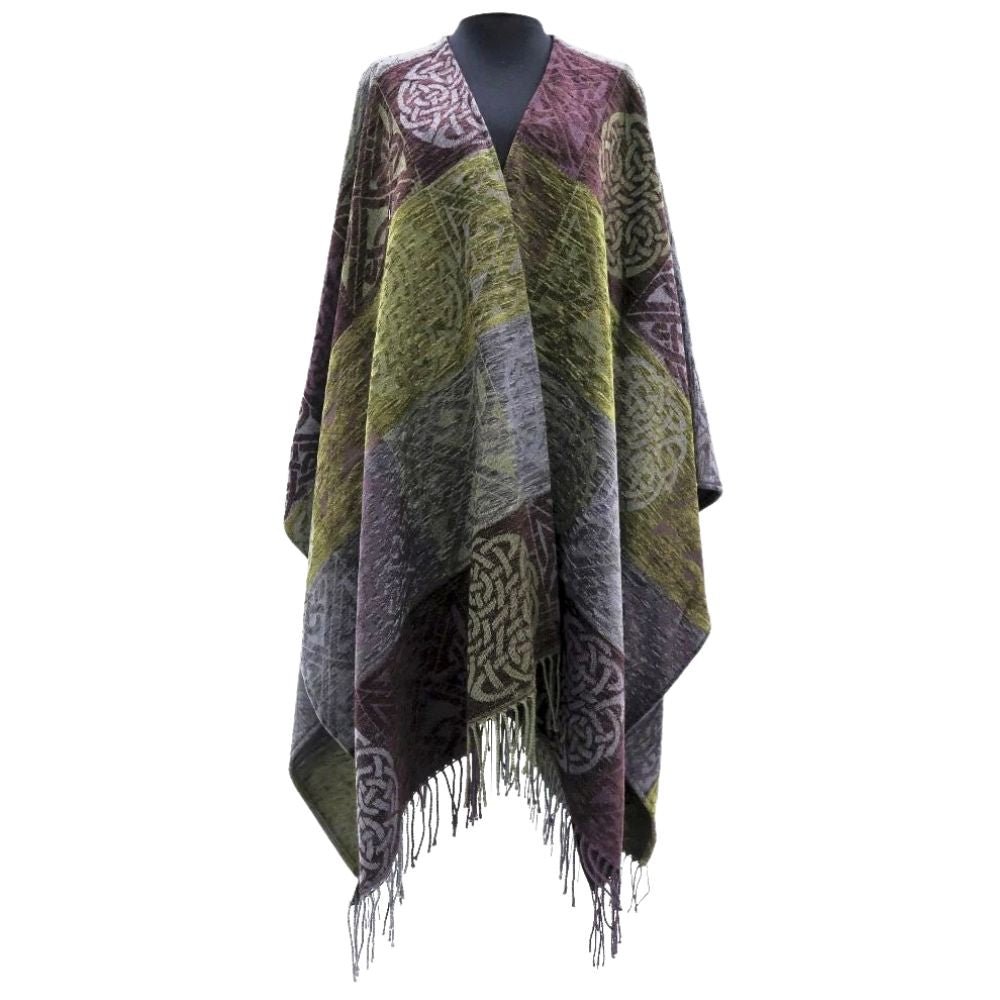 Jacquard Celtic Knot Ruana Shawl - Grey/Green/Purple