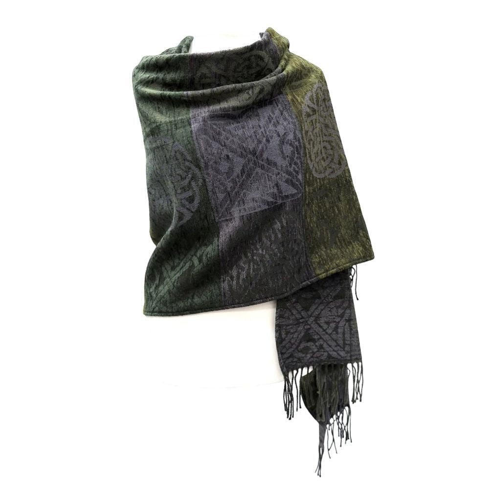 The Celtic Gift Store green and grey jacquard Celtic knot wrap made from chenille/wool blend. Features traditional knots and fringed edges.