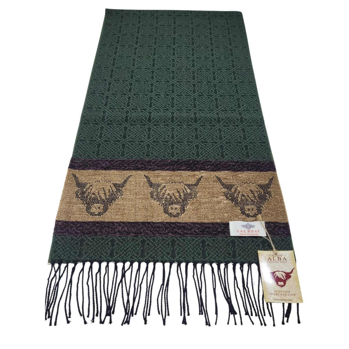 Jacquard Highland Cow Scarf - Green/Brown
