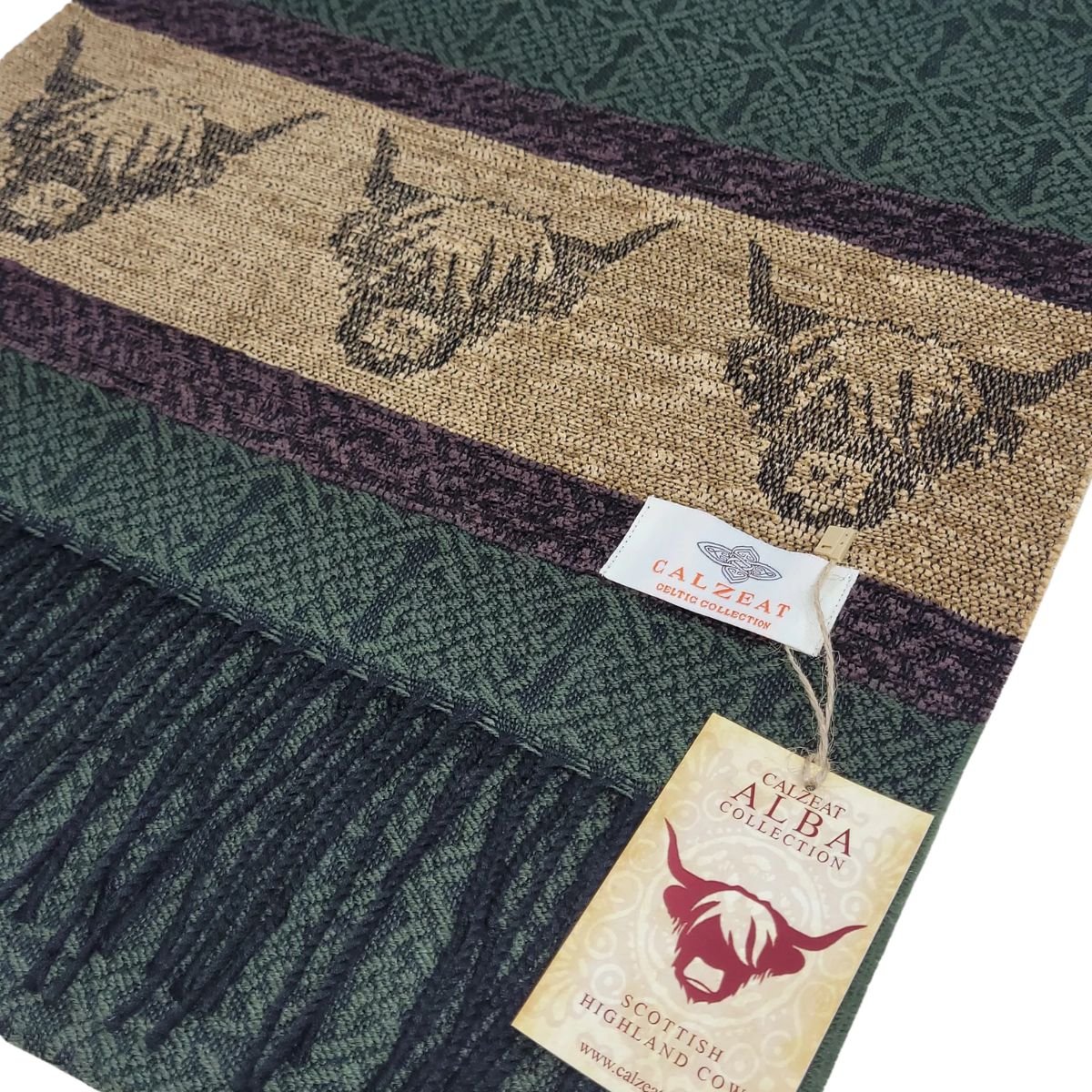 Jacquard Highland Cow Scarf - Green/Brown