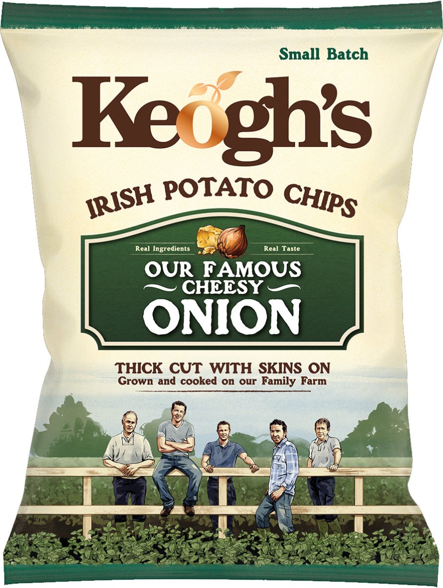 Keogh's Cheesy Onion Crisps 40g bag—Irish potato chips, thick-cut with skins, Our Famous Cheesy Onion.