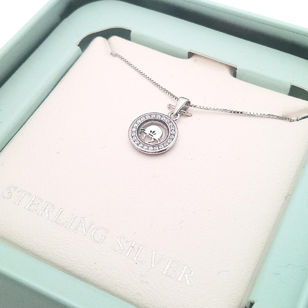 Kid's Sterling Silver Round Claddagh Cz Necklace