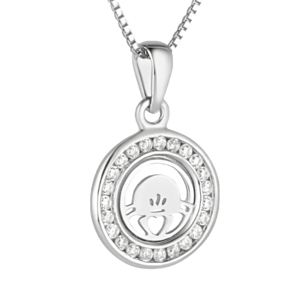Kid's Sterling Silver Round Claddagh Cz Necklace