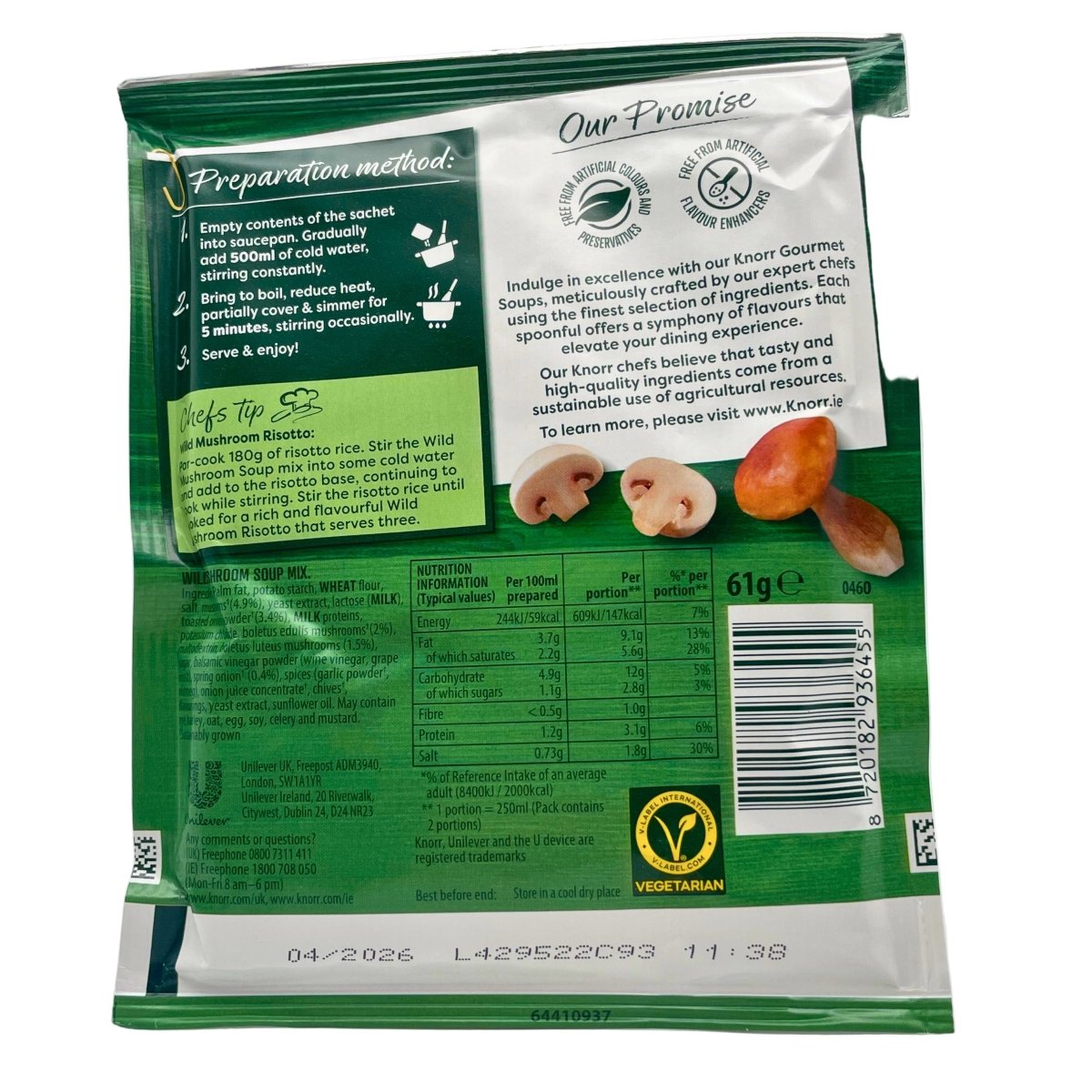 Back of a green package with text, images, and nutritional information on a white background