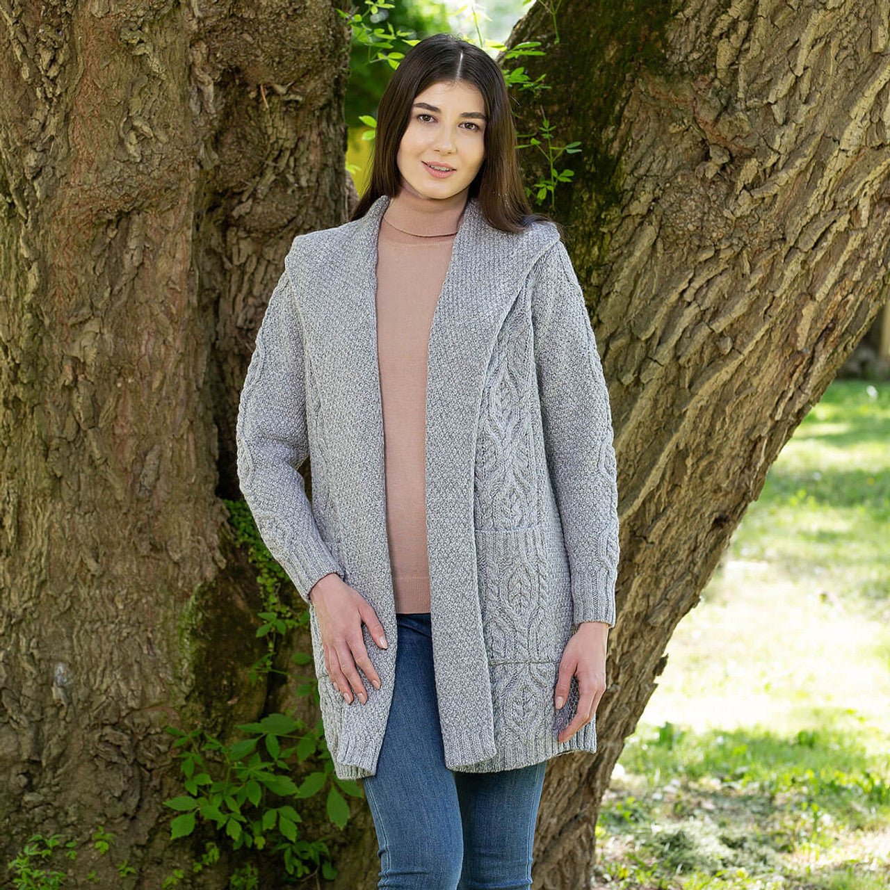 Ladies Classic Fit Long Cardigan with Hood - The Celtic Gift Store - 