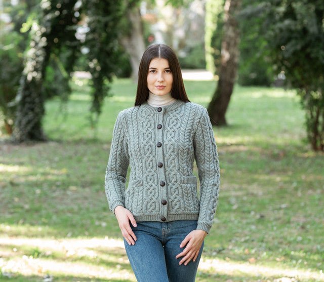 Ladies Merino Wool Aran Button Cardigan - The Celtic Gift Store - Clothing