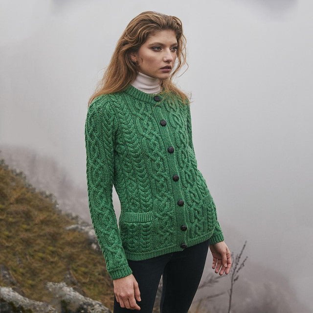Ladies Merino Wool Aran Button Cardigan - The Celtic Gift Store - Clothing