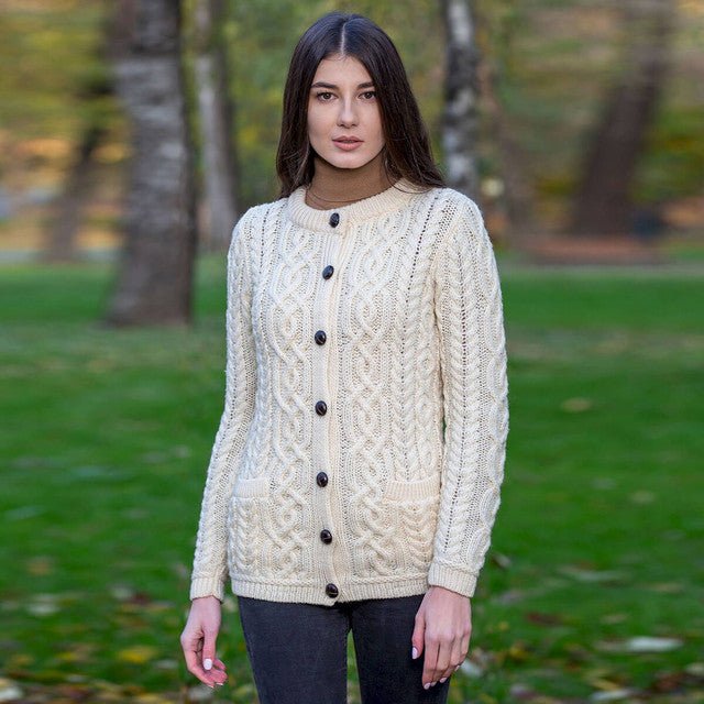 Ladies Merino Wool Aran Button Cardigan - The Celtic Gift Store - Clothing