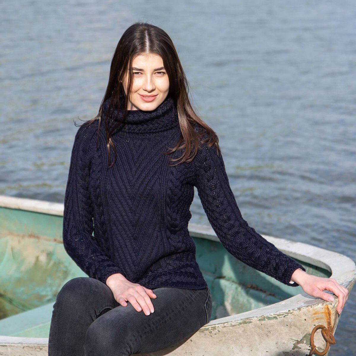 Ladies Turtleneck Ribbed Cable Knit Sweater - The Celtic Gift Store - 