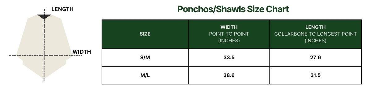 Ponchos/Shawls size chart with dimensions for S/M and M/L sizes.