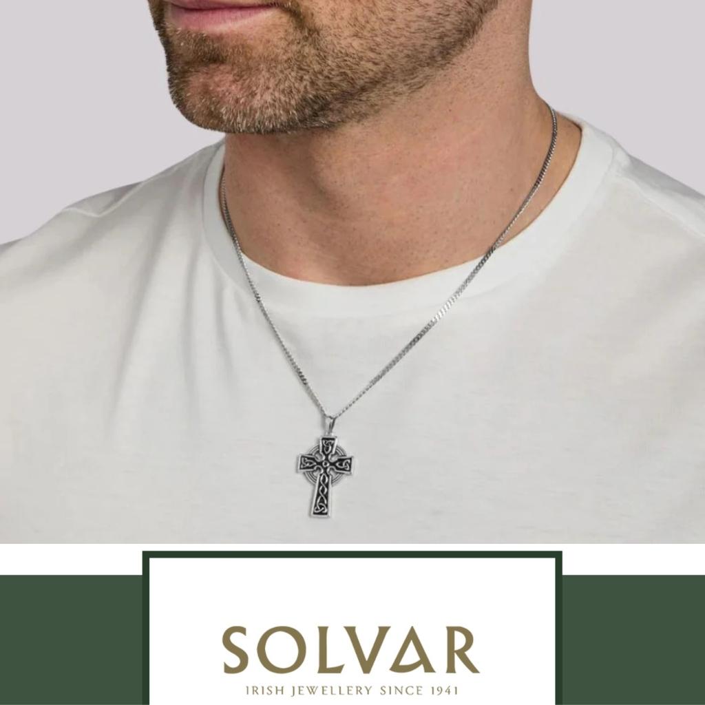 Large Double Sided Oxidized Sterling Silver Celtic Cross On Steel Chain