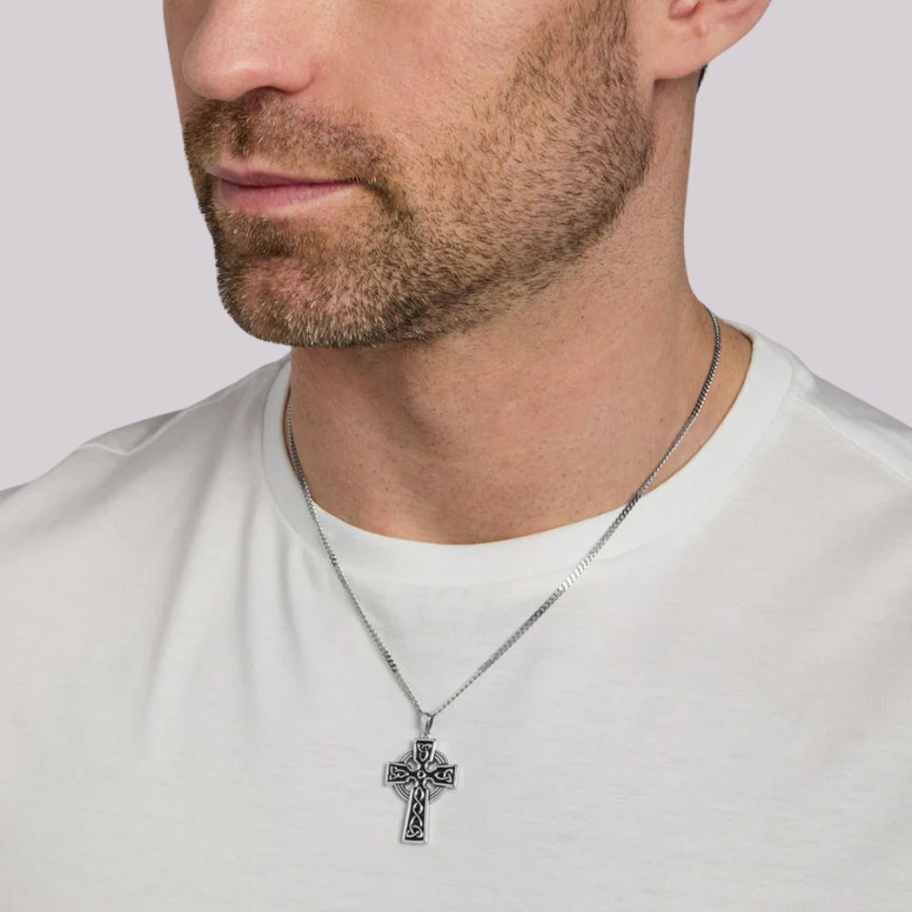 Large Double Sided Oxidized Sterling Silver Celtic Cross On Steel Chain
