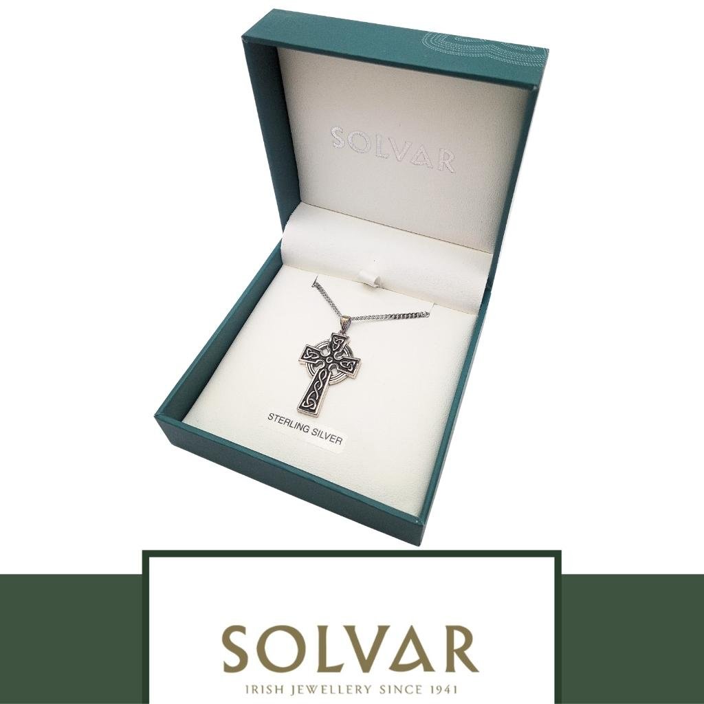 Large Double Sided Oxidized Sterling Silver Celtic Cross On Steel Chain