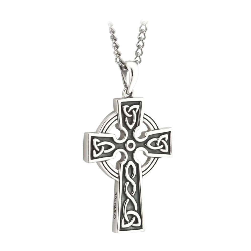Large Double Sided Oxidized Sterling Silver Celtic Cross On Steel Chain