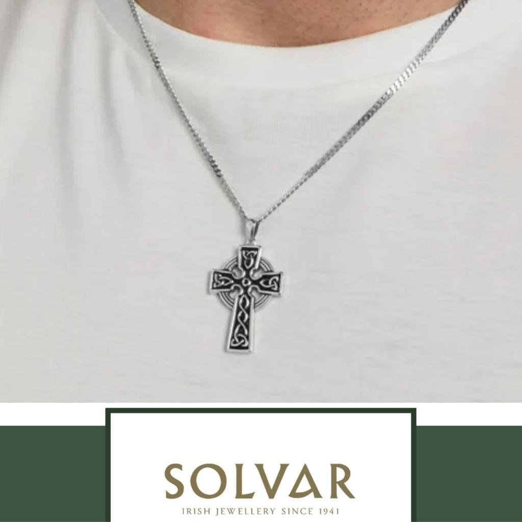 Large Double Sided Oxidized Sterling Silver Celtic Cross On Steel Chain