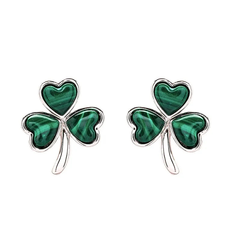 Sterling Silver Malachite Shamrock Stud Earrings
