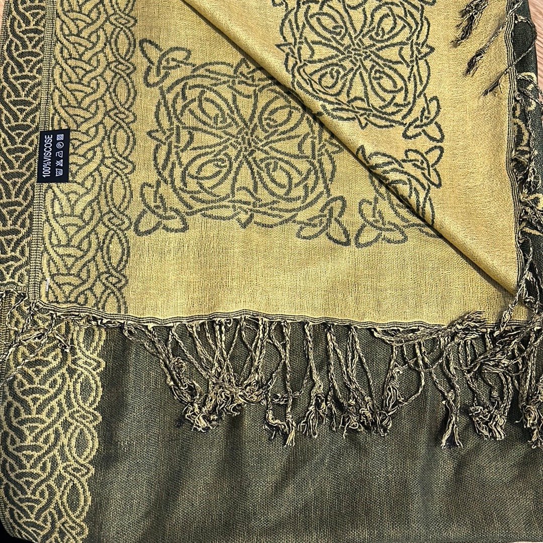 Mary Celtic Knot Reversible Scarf - Dark Olive/Mustard - The Celtic Gift Store - Scarves & Shawls