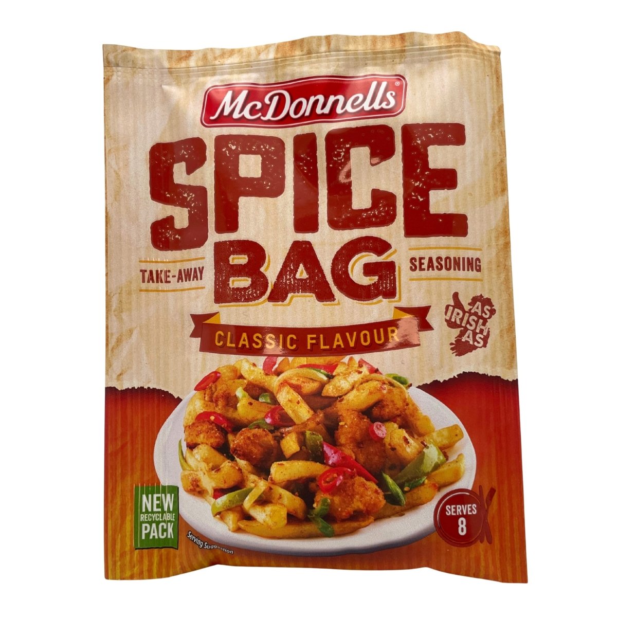 McDonnell's Spice Bag seasoning package with food image on a white background