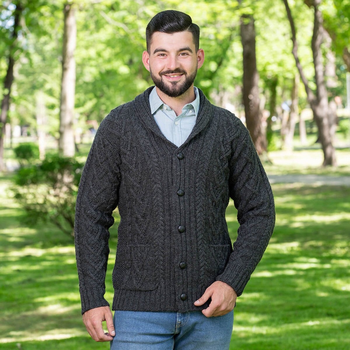 Mens Aran Cable Shawl - Collar Cardigan - The Celtic Gift Store - 