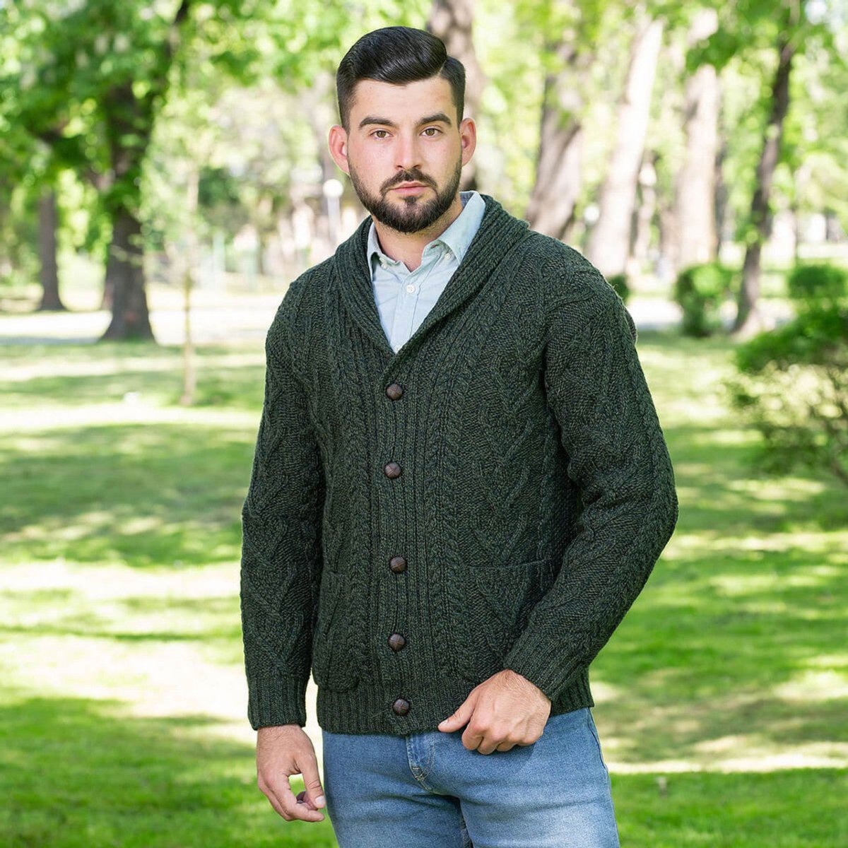 Mens Aran Cable Shawl - Collar Cardigan - The Celtic Gift Store - 