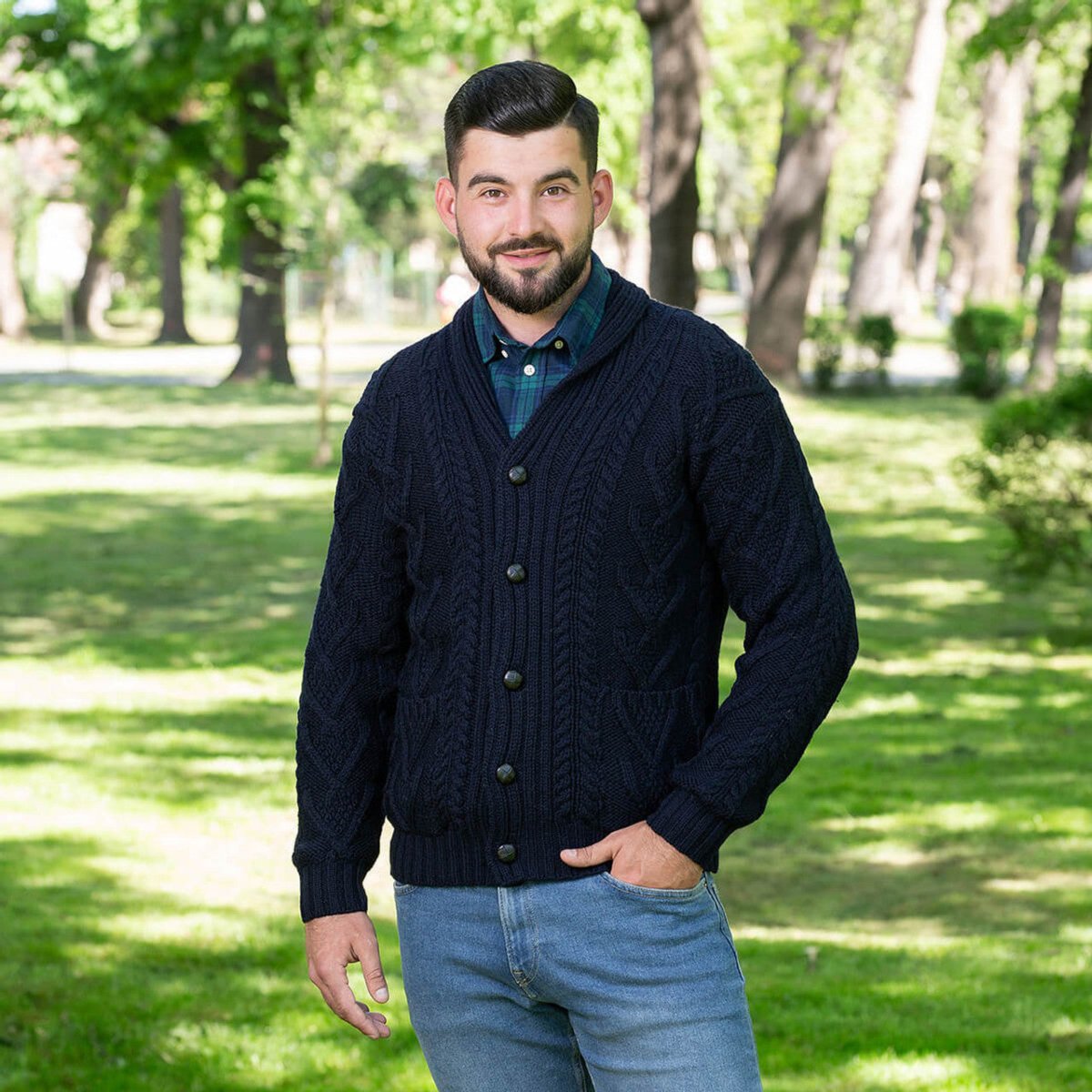 Mens Aran Cable Shawl - Collar Cardigan - The Celtic Gift Store - 