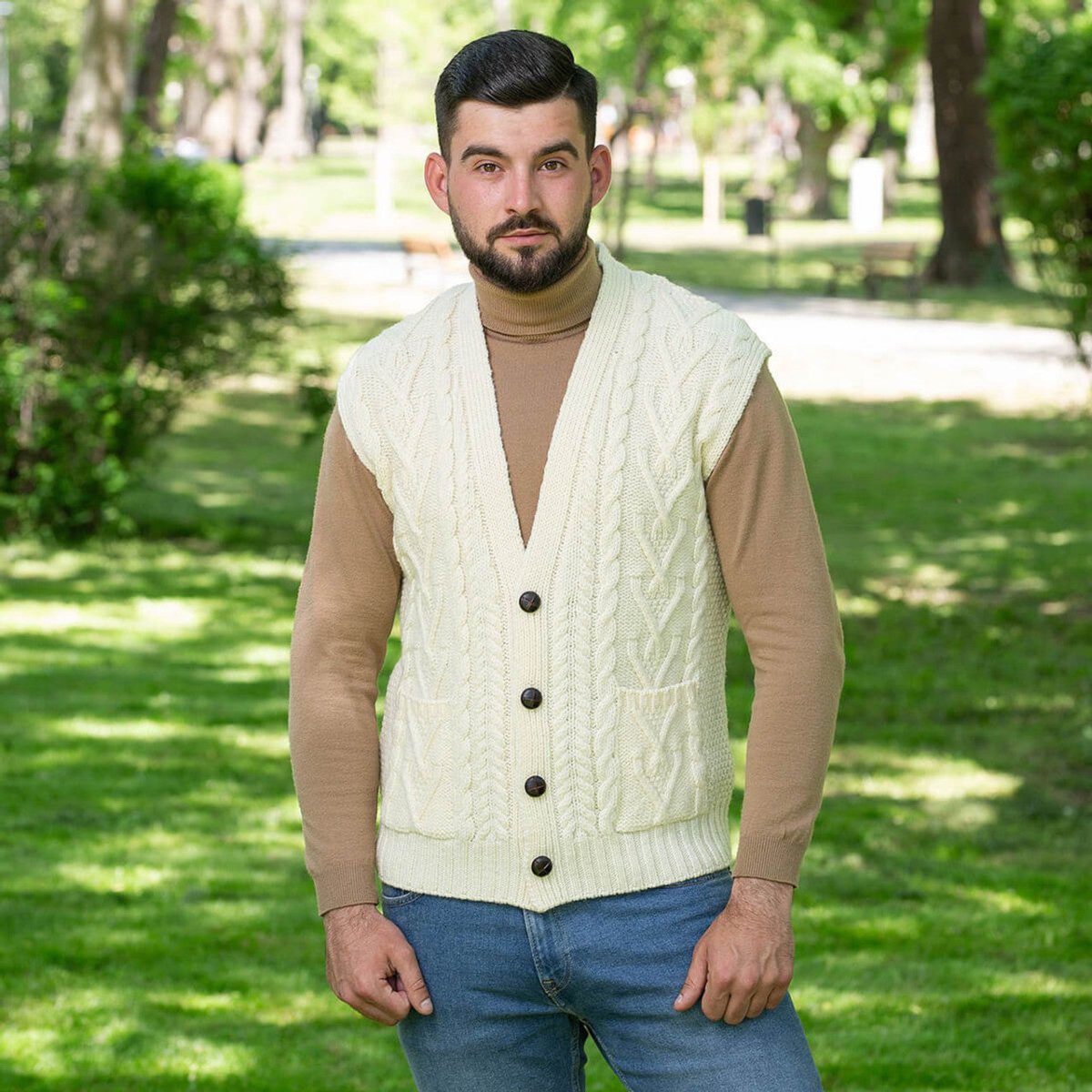 Mens Aran Sleeveless Cardigan - The Celtic Gift Store - 