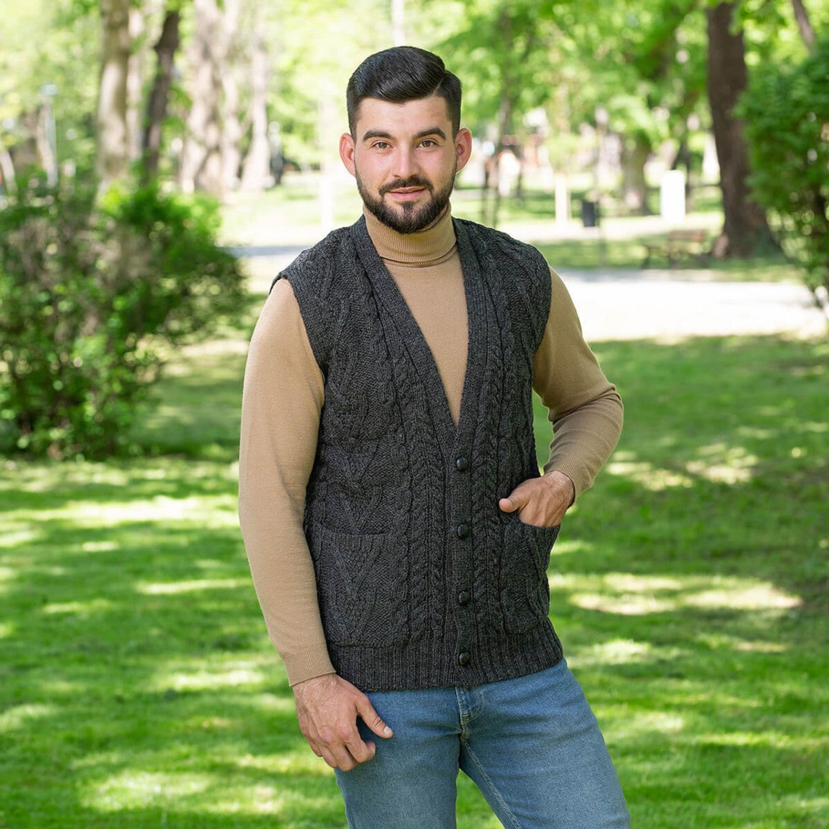 Mens Aran Sleeveless Cardigan - The Celtic Gift Store - 