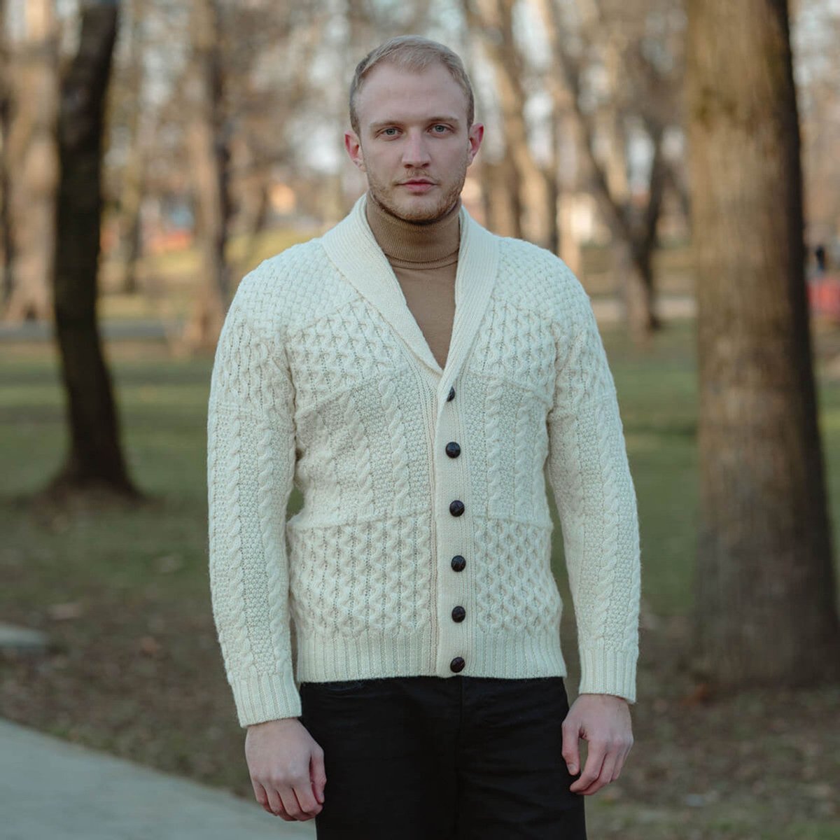 Mens Cable Shawl - Collar Cardigan - The Celtic Gift Store - 
