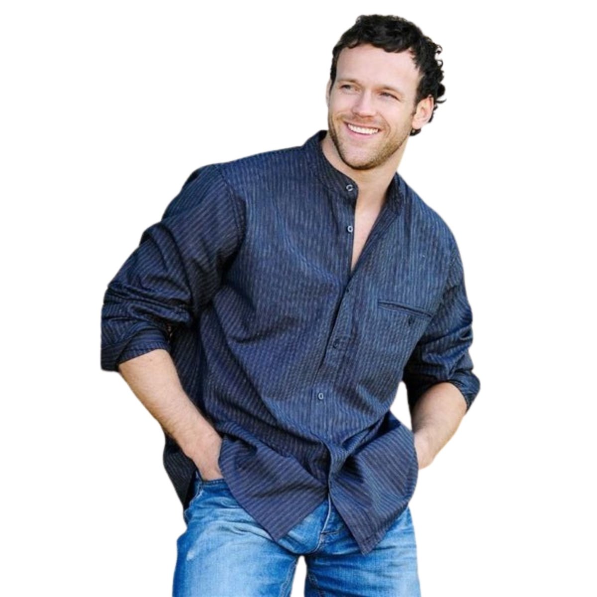 Men's Comfort Cotton Grandfather Shirt - Navy And White Stripe - The Celtic Gift Store - Mens