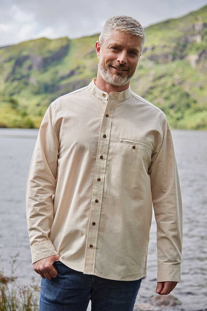 Men's Irish Collarless Linen Grandad Shirt - Natural Beige - The Celtic Gift Store - Clothing