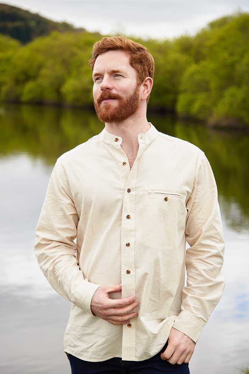 Men's Irish Collarless Linen Grandad Shirt - Natural Beige - The Celtic Gift Store - Clothing