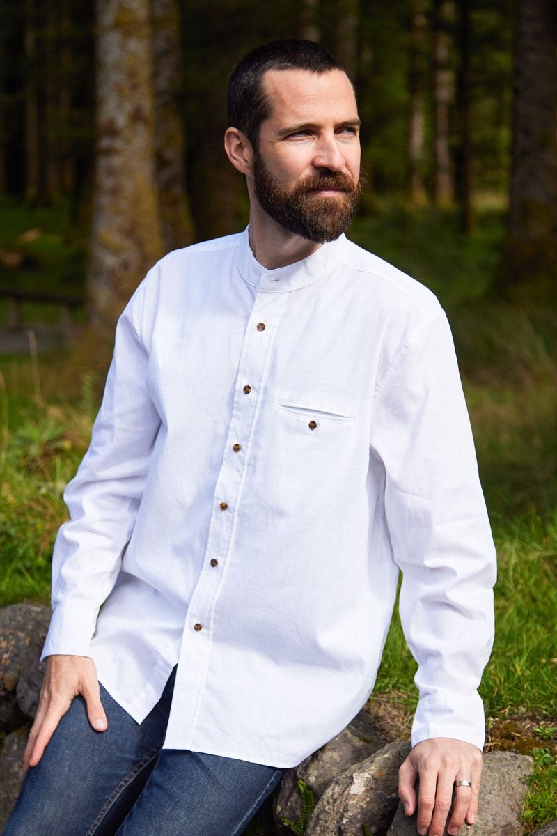 Men's Irish Collarless Linen Grandfather Shirt - Bleach White - The Celtic Gift Store - Clothing