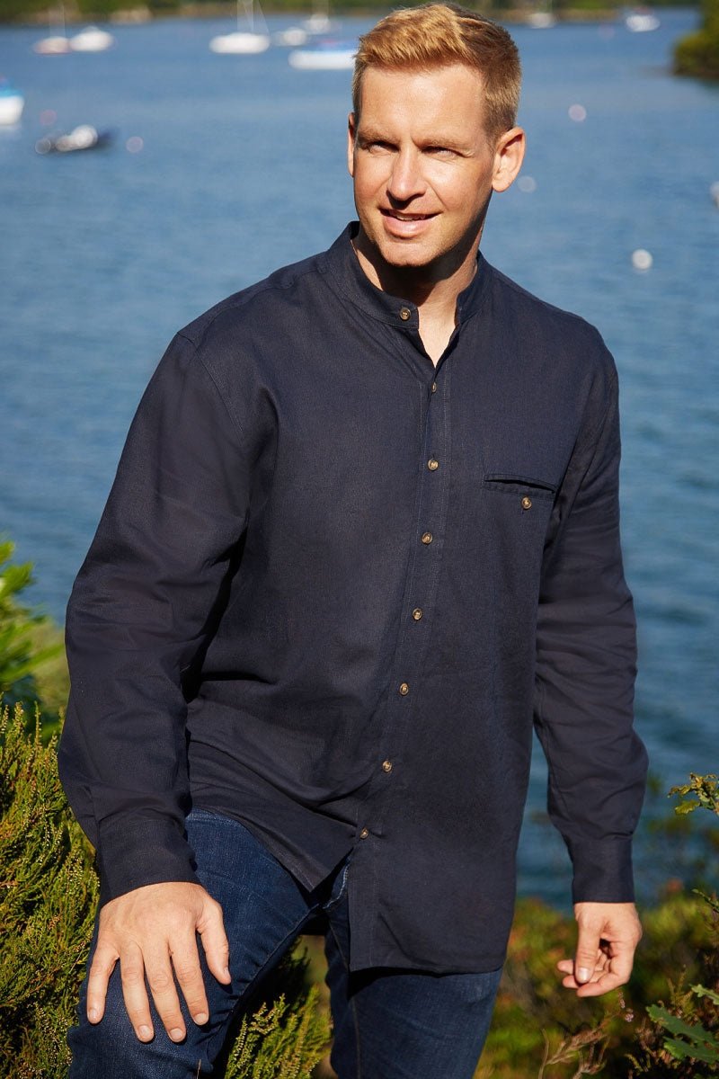 Men's Irish Collarless Linen Grandfather Shirt - Navy - The Celtic Gift Store - Clothing