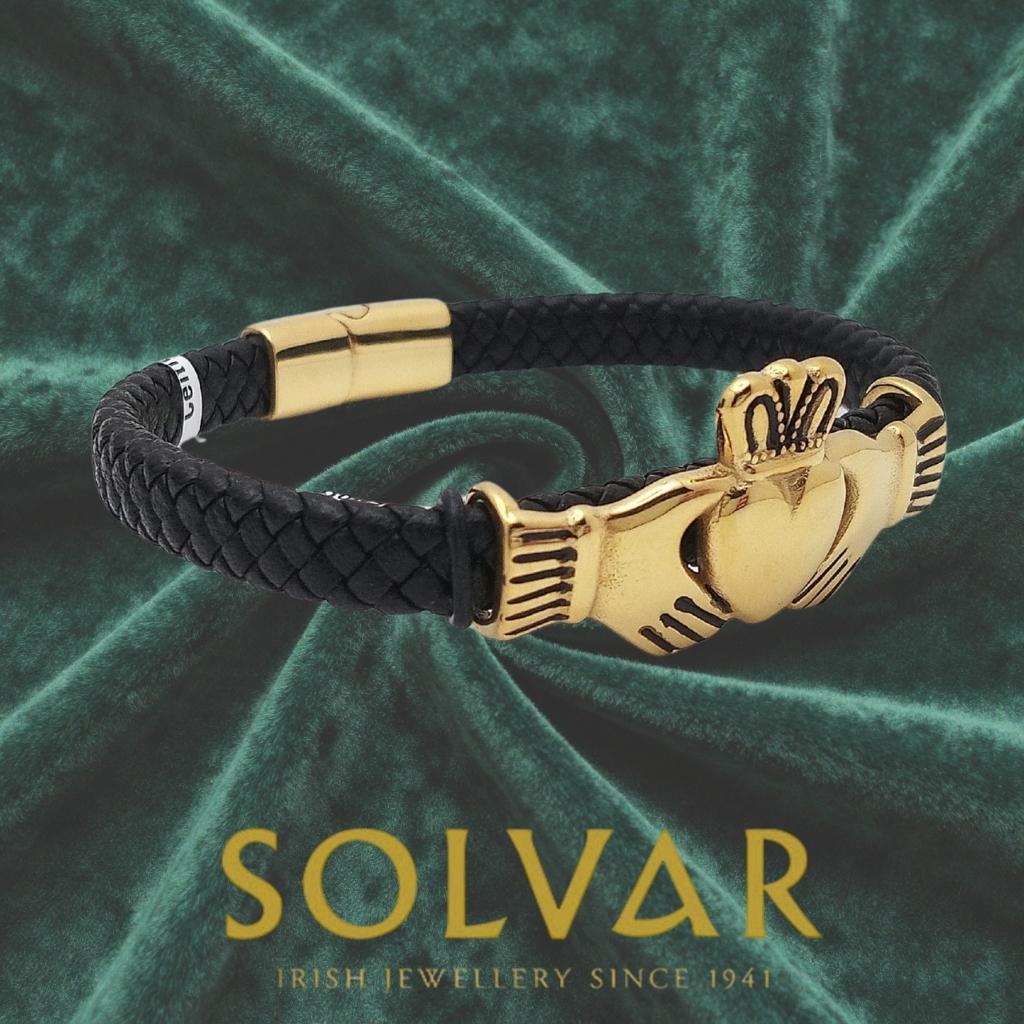Men's Leather Gold Claddagh Bracelet by Solvar Jewelry - Bracelets